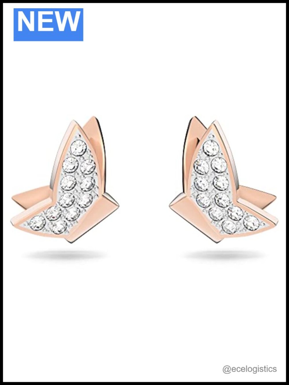 Rose-gold tone plated butterfly stud earrings with pavé crystals, push back